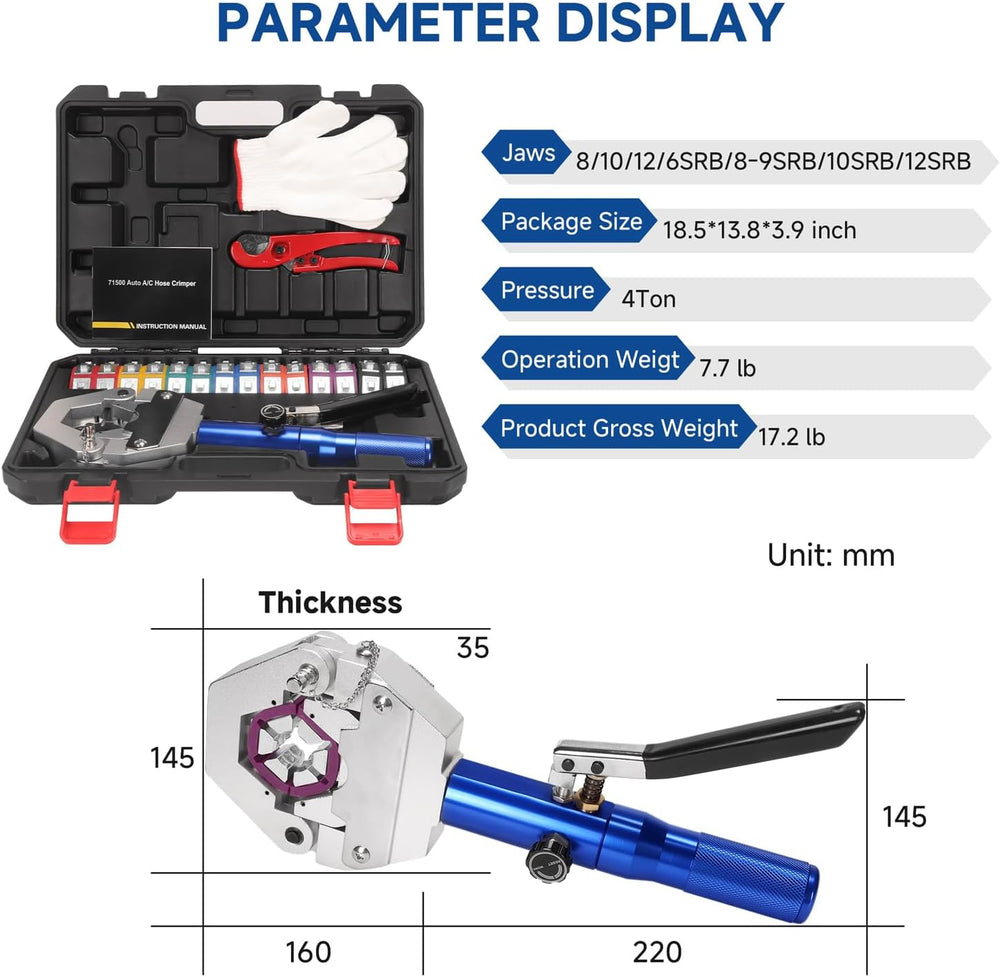Hydraulic AC Hose Crimper Kit with 7 Snap-On Dies