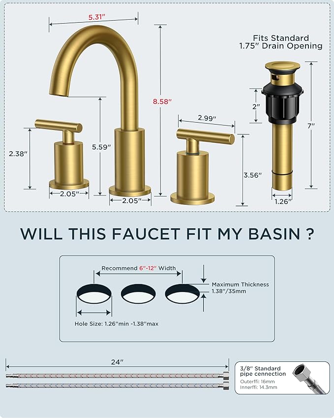 FORIOUS 8 Inch Widespread Brushed Gold Bathroom Faucet 3 Hole, 2 Handle Gold