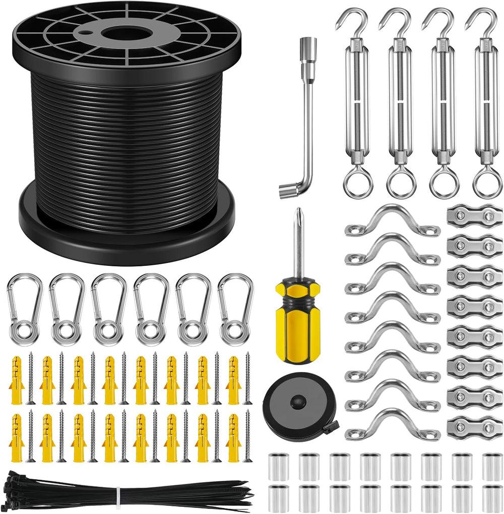 NEREUS String Light Hanging Kit with 164FT Black Vinyl Coated Wire Rope