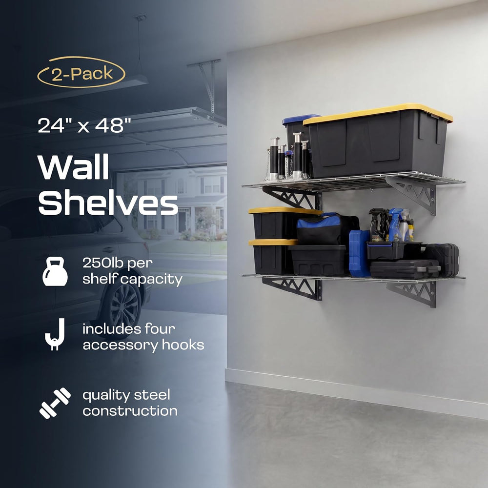 MonsterRax 24x48 White Garage Wall Shelf 2-Pack, 500lb, Hammertone