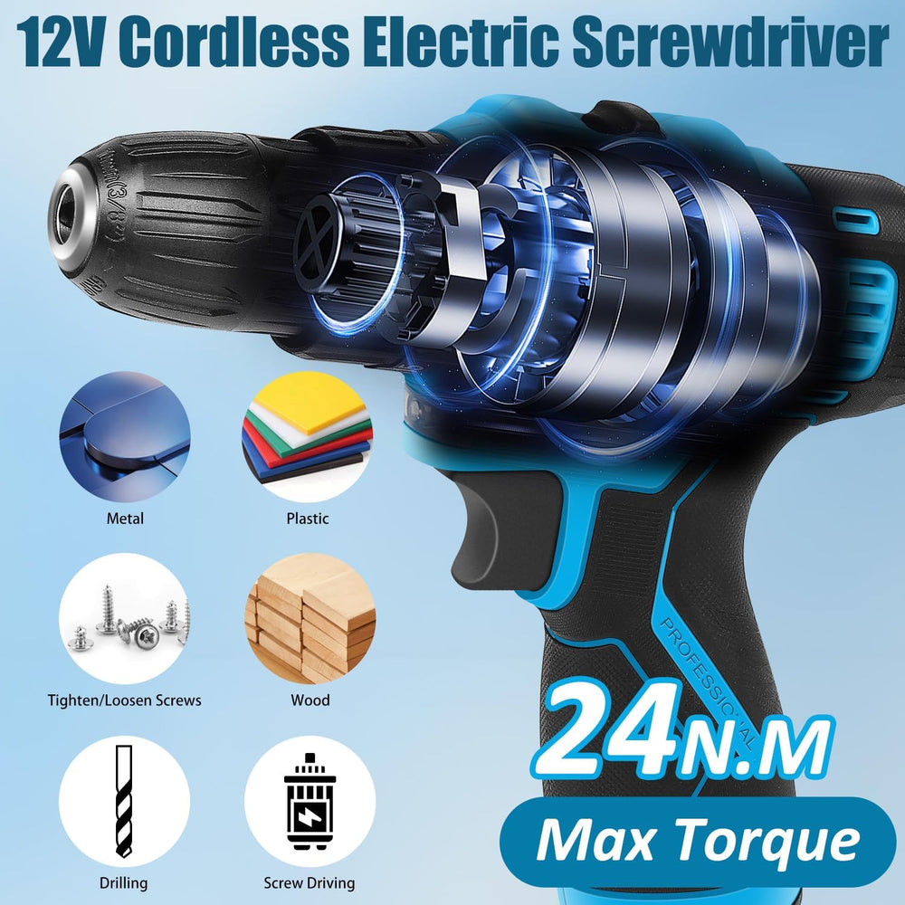 JENABOM Tool Set, 146-Piece Home Tool Kit with 12V Blue Cordless Drill