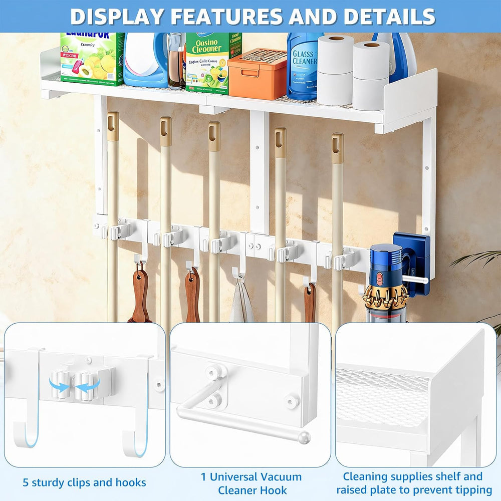 HUFAND Broom Holder Wall Mount, 27" Mop and Broom Organizer with Top Shelf