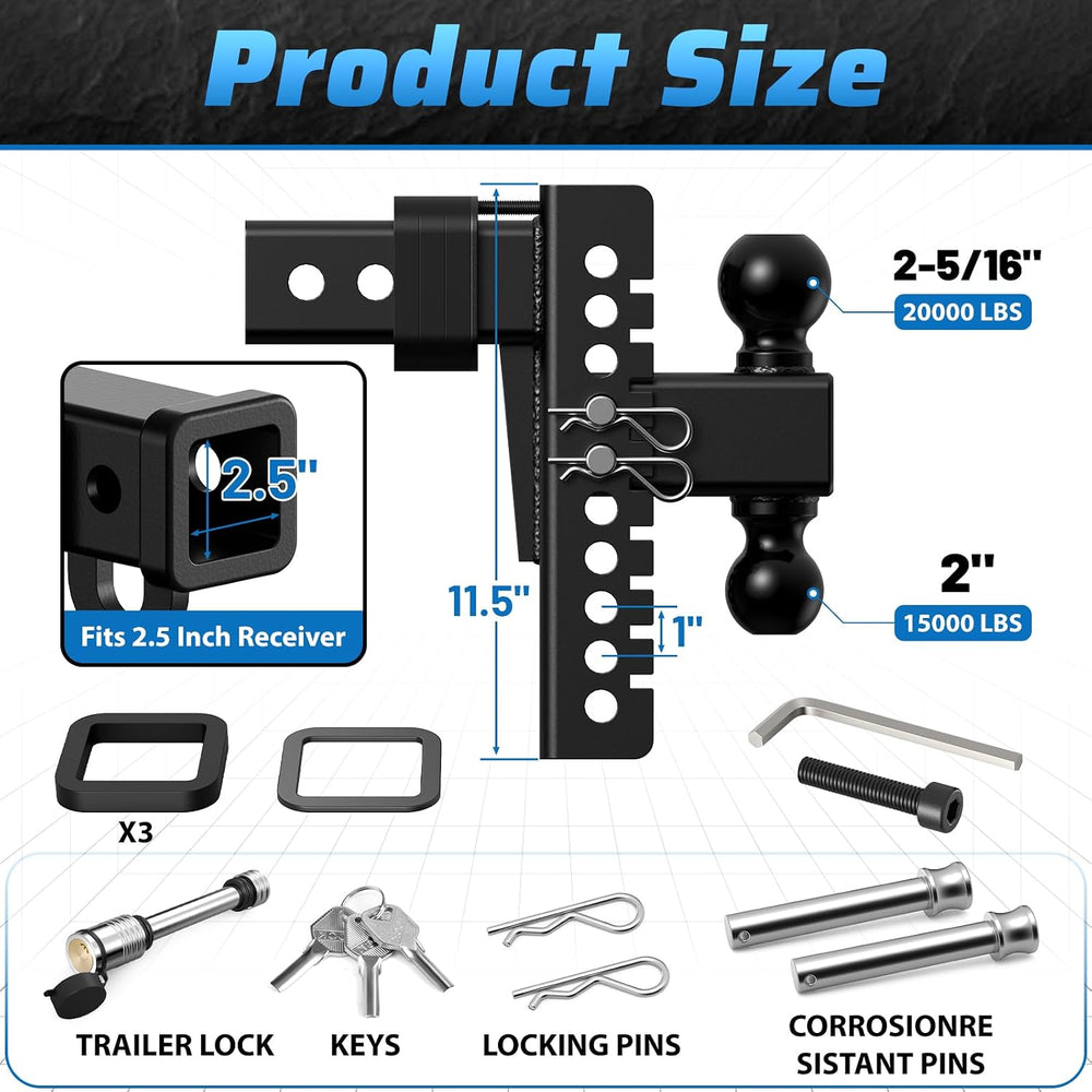 Adjustable Trailer Hitch, 8In Drop Hitch Only Fit 2.5 Inch Receiver