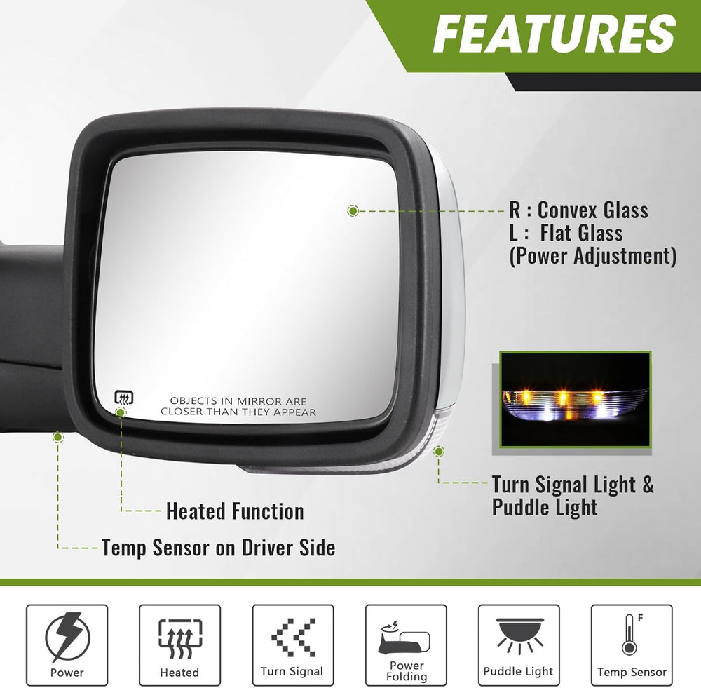 Chrome Power Folding Side Mirrors for Dodge Ram - Heated Tow Mirrors with Tur...