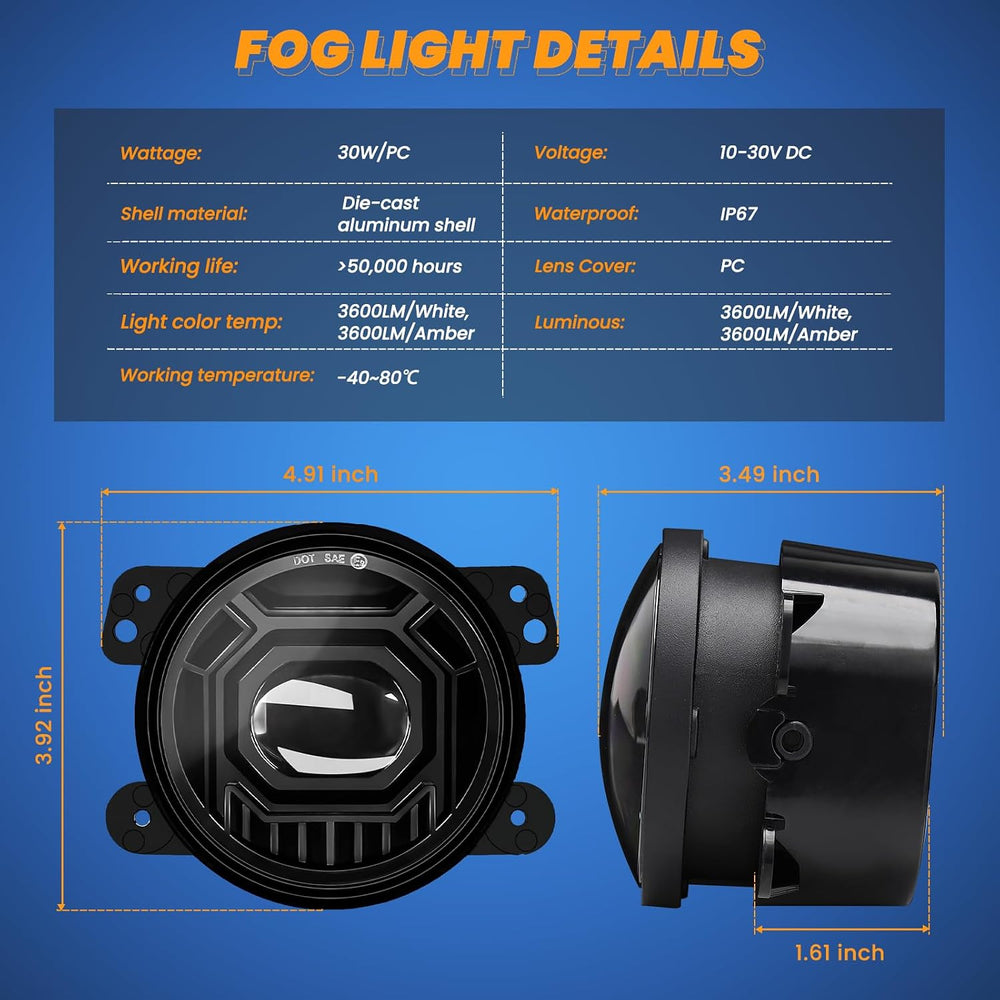 4 Inch Round LED Fog Lights for 2007-2018 Jeep Wrangler JK JKU 2018-2024 Jeep...