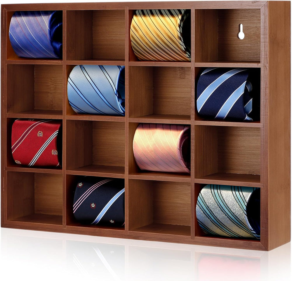 Wesiti 1 Pcs Tie Box Organizer for Men, Wall Mounted Tie Rack, Walnut Color