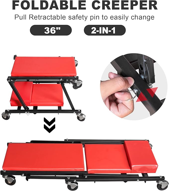 TCE 36" Rolling Foldable Automotive Creeper, 2-in-1 Garage Shop Creeper