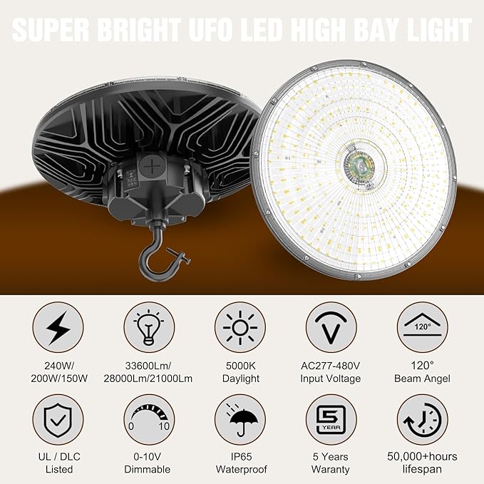 9 Pack 480V LED High Bay Light UL DLC Listed UFO Light 240W 200W 150W Adjustable