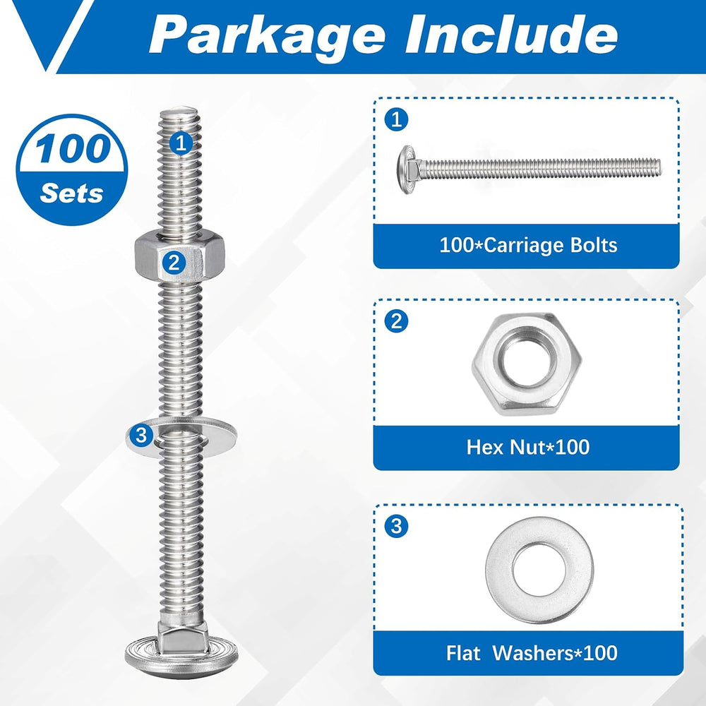 Zonon 100 Sets 1/4-20 x 3 Carriage Bolts and Nuts Kit,Silver