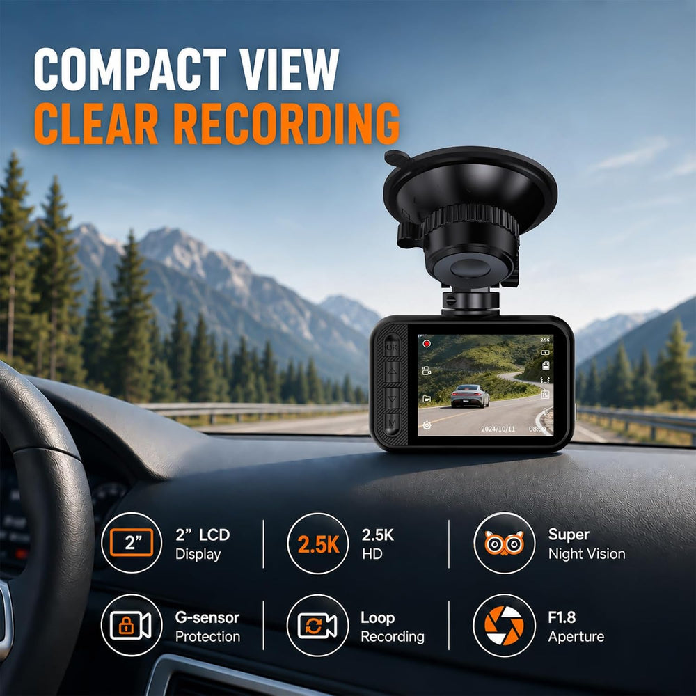Dash Cam Front and Rear for Cars, 2.5K+1080P Dual Camera with 2" Screen