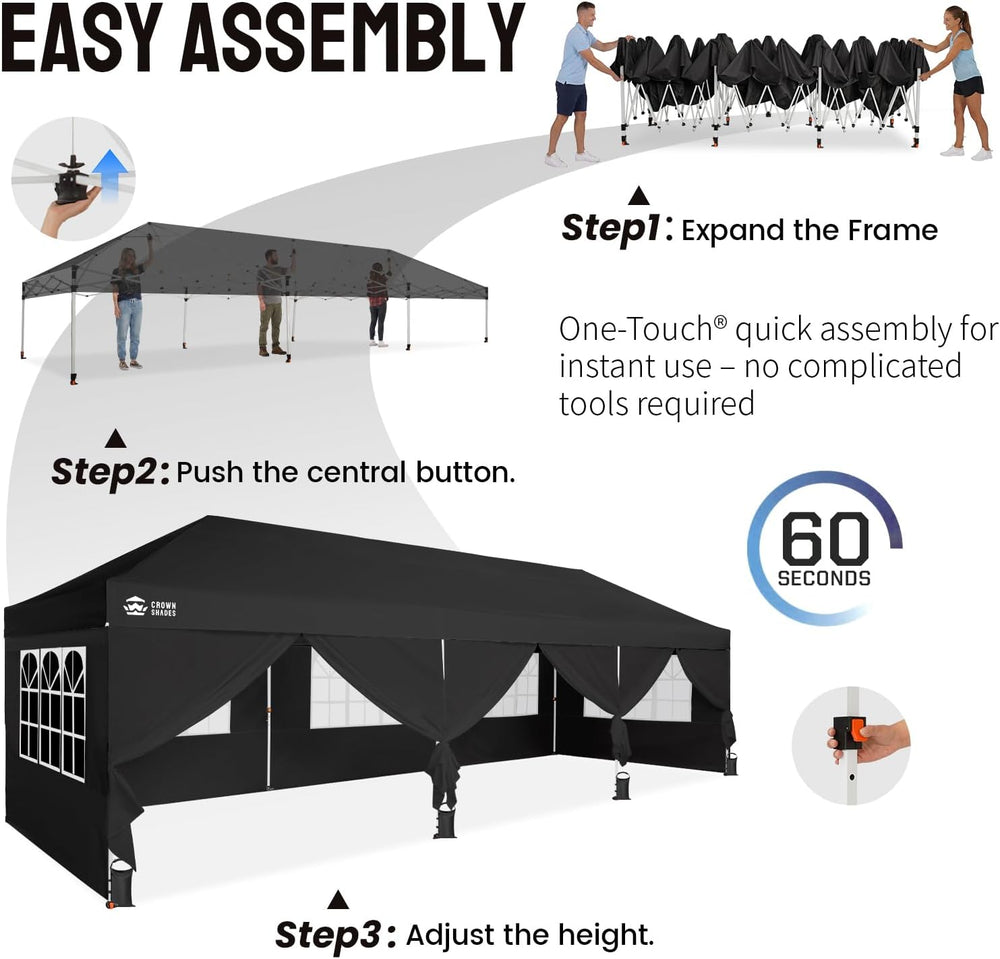 CROWN SHADES 10X30 Pop Up Canopy Tent with Sidewalls, Instant Setup, Black