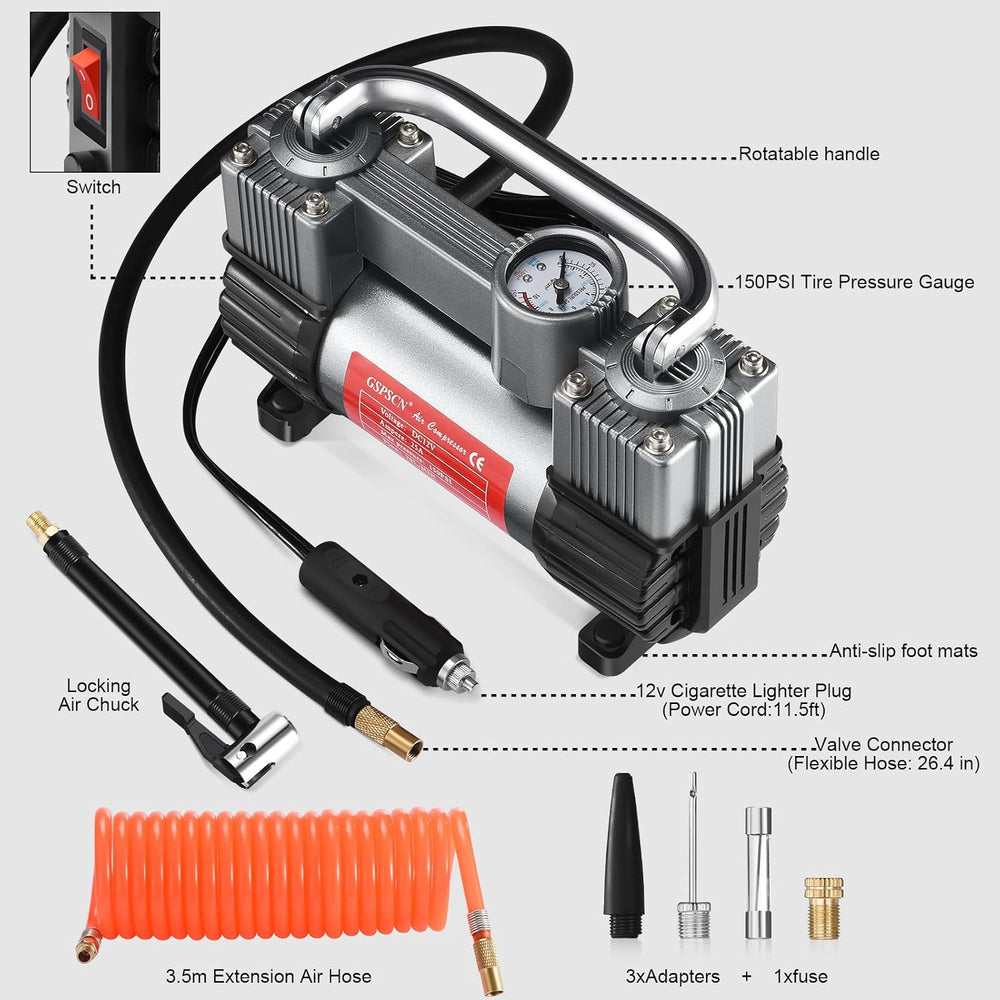 GSPSCN 12V Heavy Duty Tire Inflator Metal Portable Air Compressor Pump