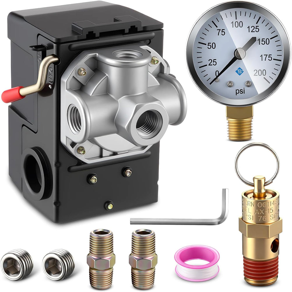 Dreyoo Air Compressor Pressure Switch, 135-175 PSI, 4 Port Plug Fitting Kit