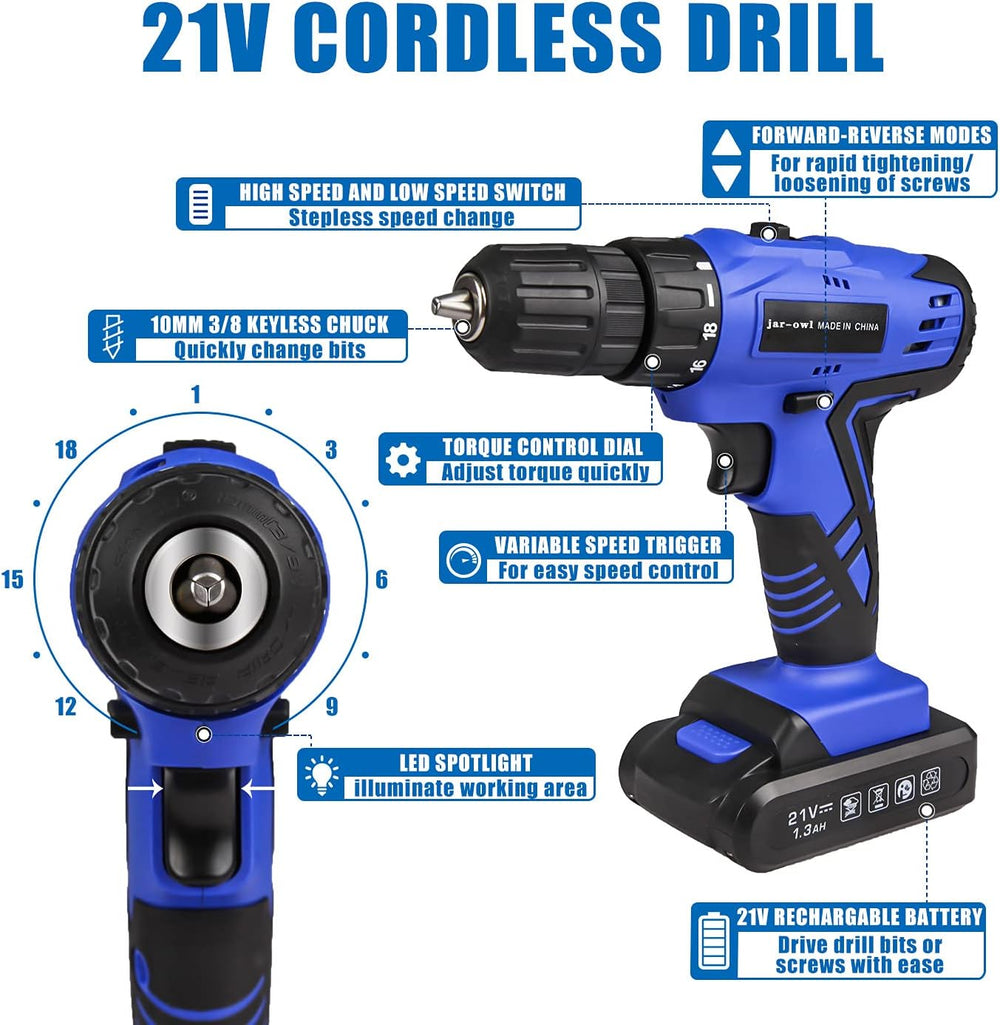 jar-owl 21V Tool Set with Drill, 350 in-lb Torque, 0-1350RMP Variable Speed, ...