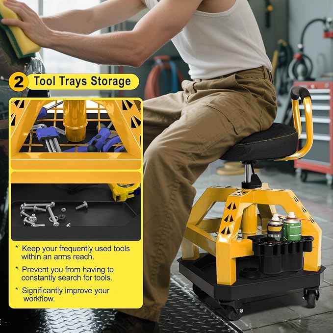 Rolling Shop Stool with Wheels, Heavy Duty Garage Work Mechanic Stool with