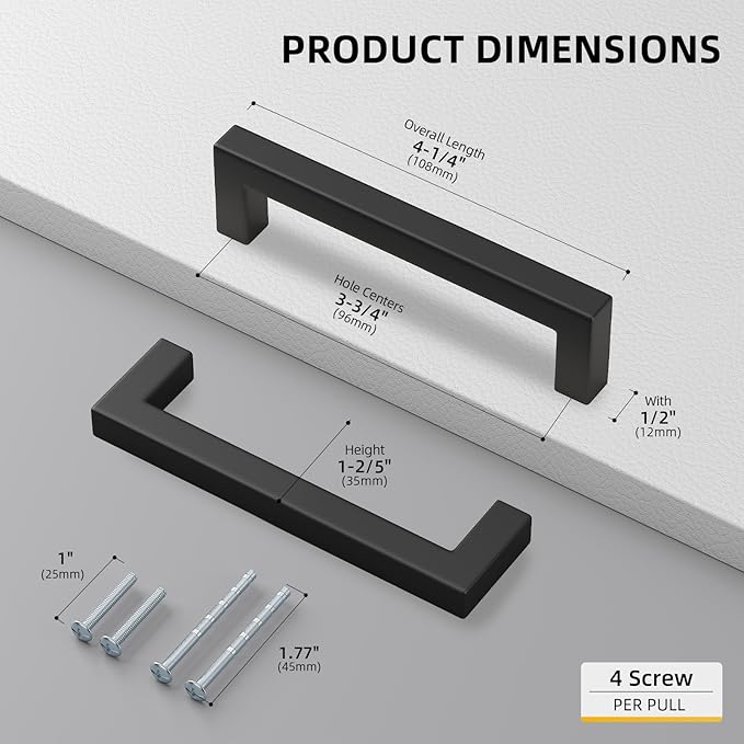 goldenwarm 22 Pack 3-3/4 inch Black Square Bar Cabinet Pull