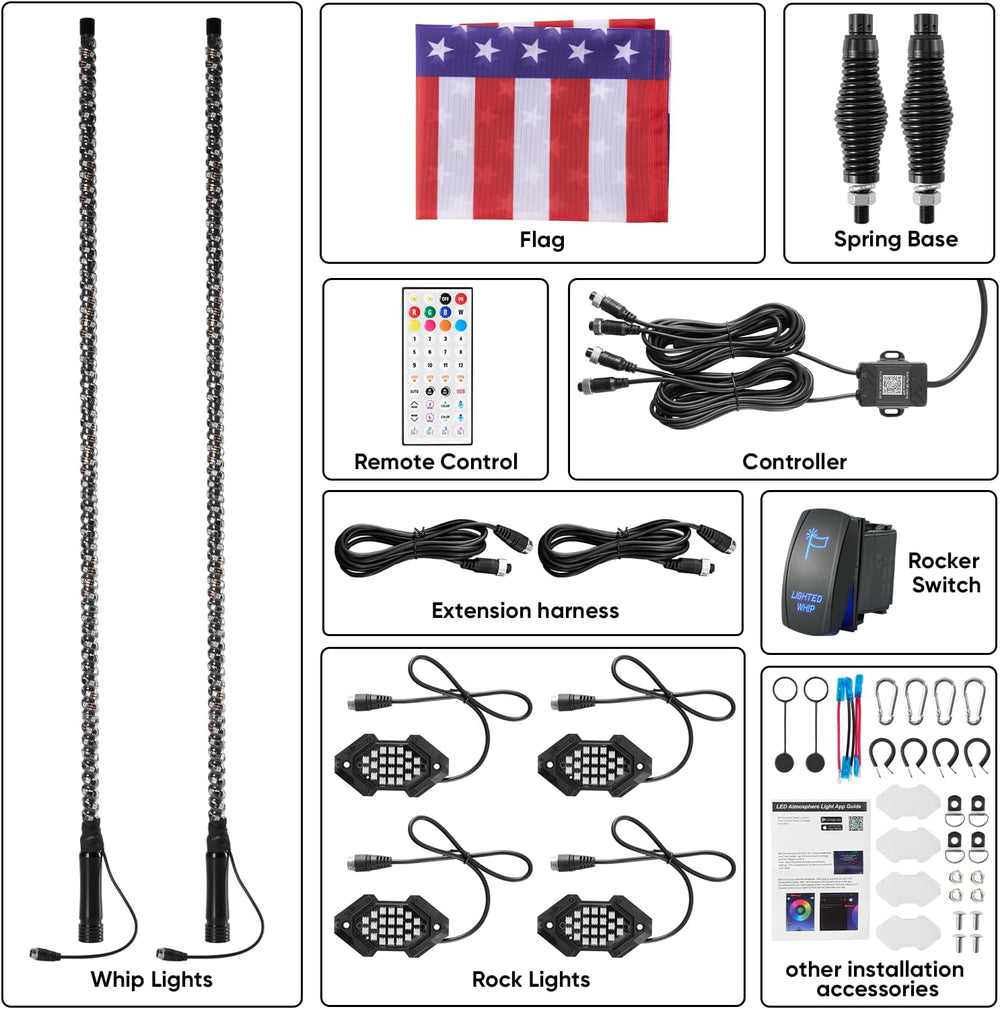 2PCS 3FT Whip Light and 4PCS Rock Light Combo Kit with Spring Base, Switch, A...