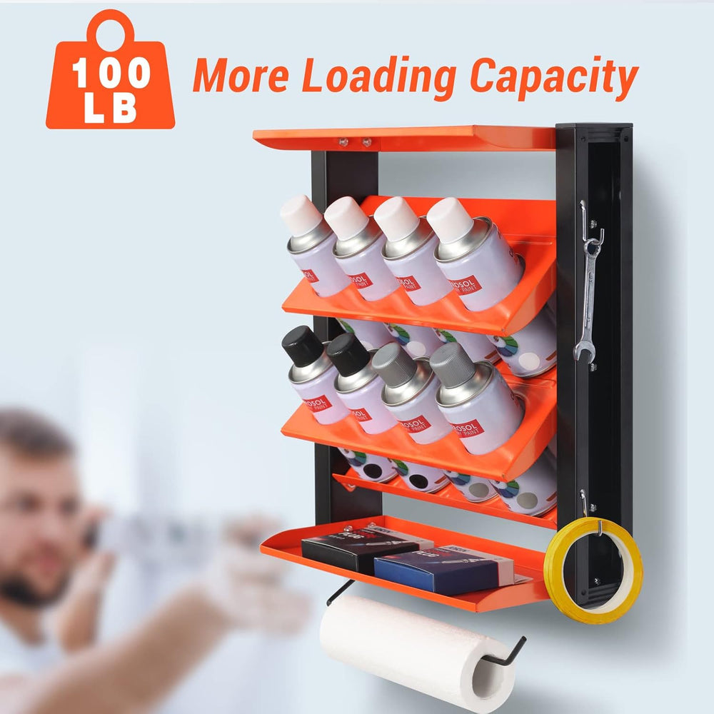 Spray Can Holder, Wall Mount Paint Bottle Organizer 8 Holes & 2 Shelves