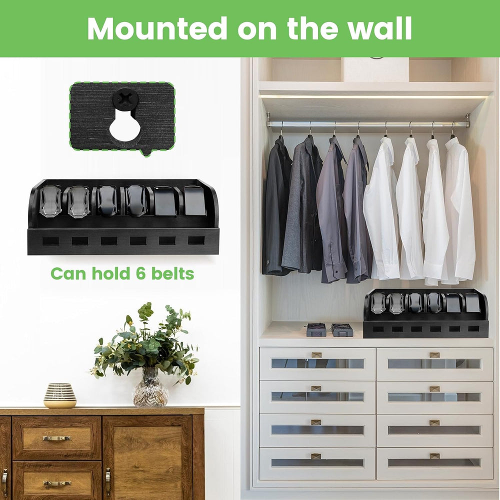 Large Adjustable Bamboo Belt Organizer Box, 6 Grids Belt Rack (Black)