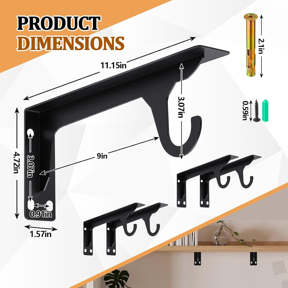 4 Pcs Wall Mounted Closet Rod Brackets, 11.18 Inch, Black