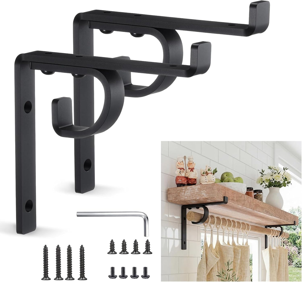 Hicarer 2 Pcs Single Shelf Brackets with Curtain Rod Holder, 6 Inch