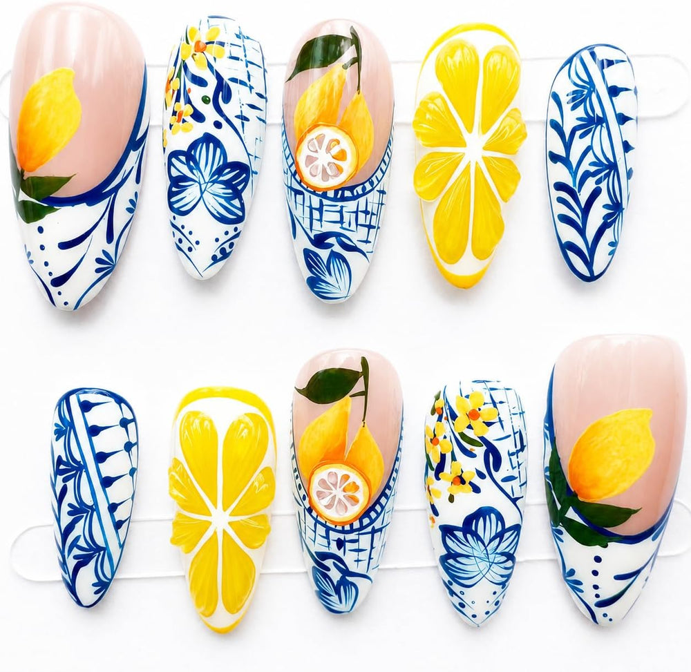 Handcrafted Press On Nails Italian Vacation Style Lemon & Blue Ceramic Pa...