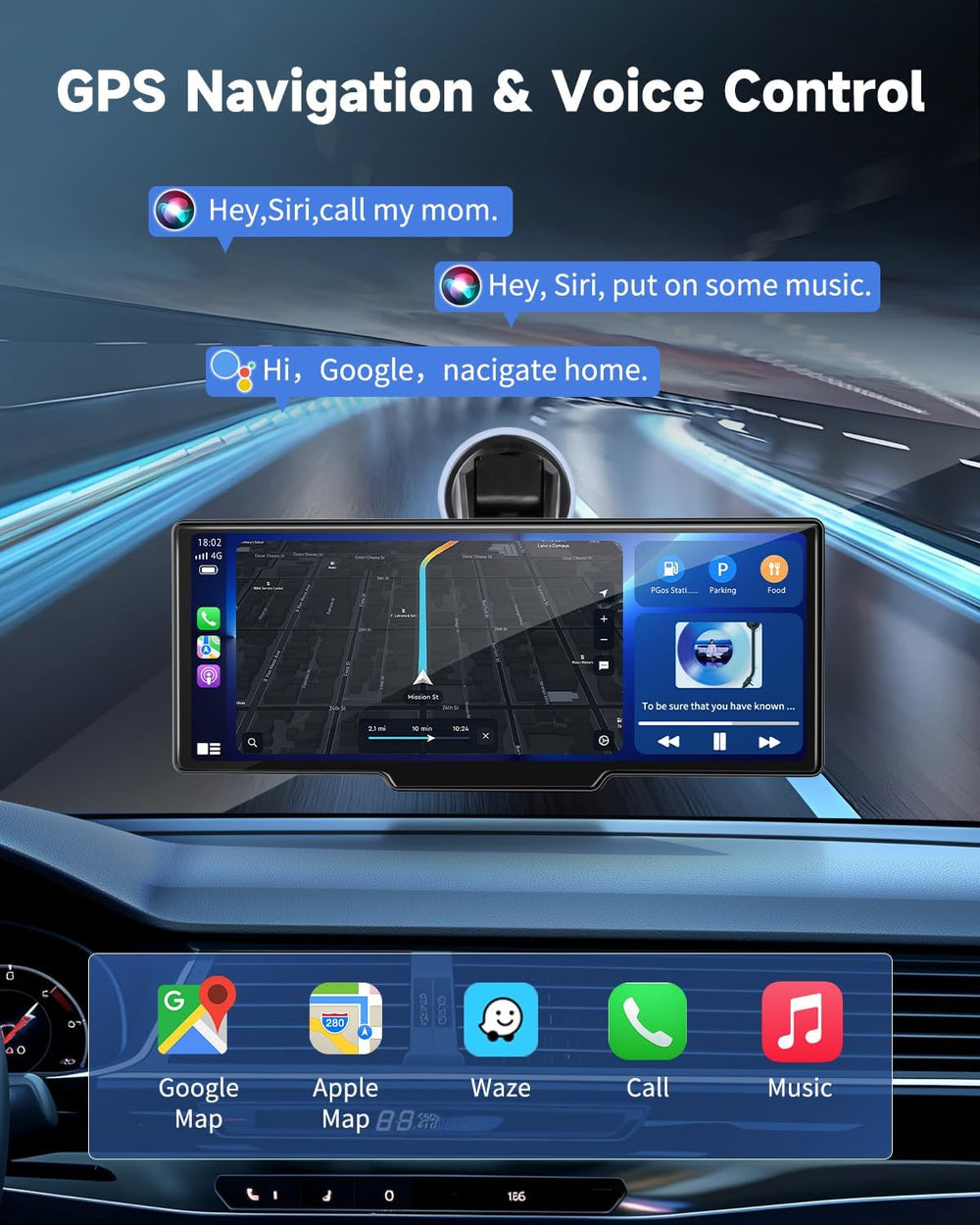 10.26" Wireless Carplay Screen for Car with 4K Dash Cam, Portable Apple ...