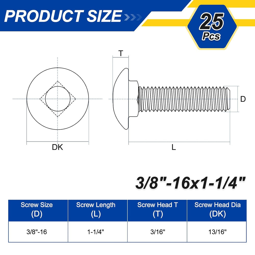 25Pcs 3/8"-16x1-1/4 Carriage Round Head Square Neck Bolt 304SS