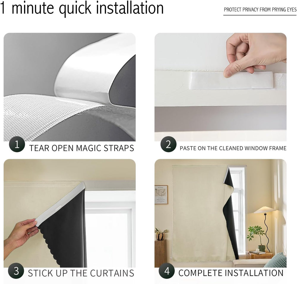 JILRON Adhesive Curtain 100% Blackout No-Drill Easy Install for Bedroom Blind...