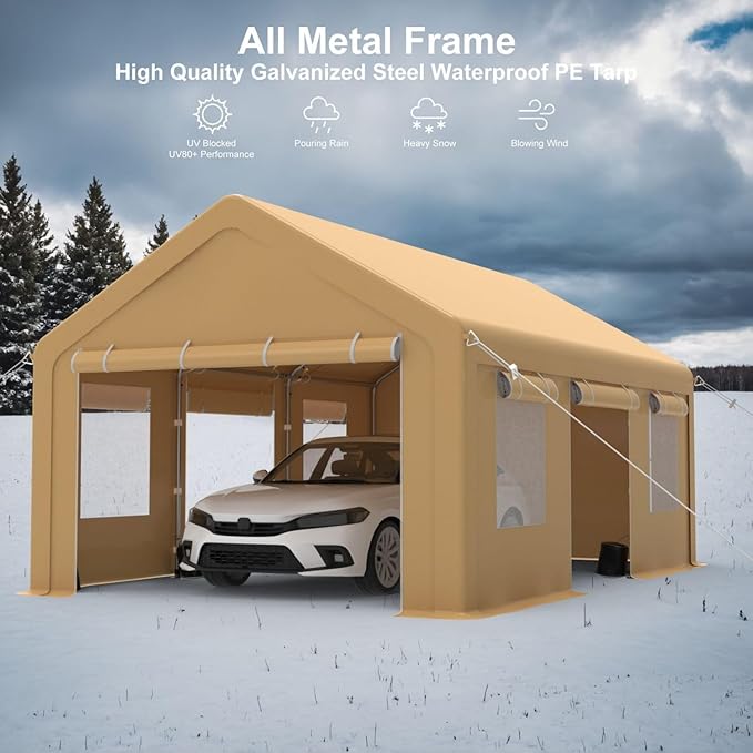 10x20FT Portable Garage, Galvanized Frame & 180 g PE Waterproof Canopy