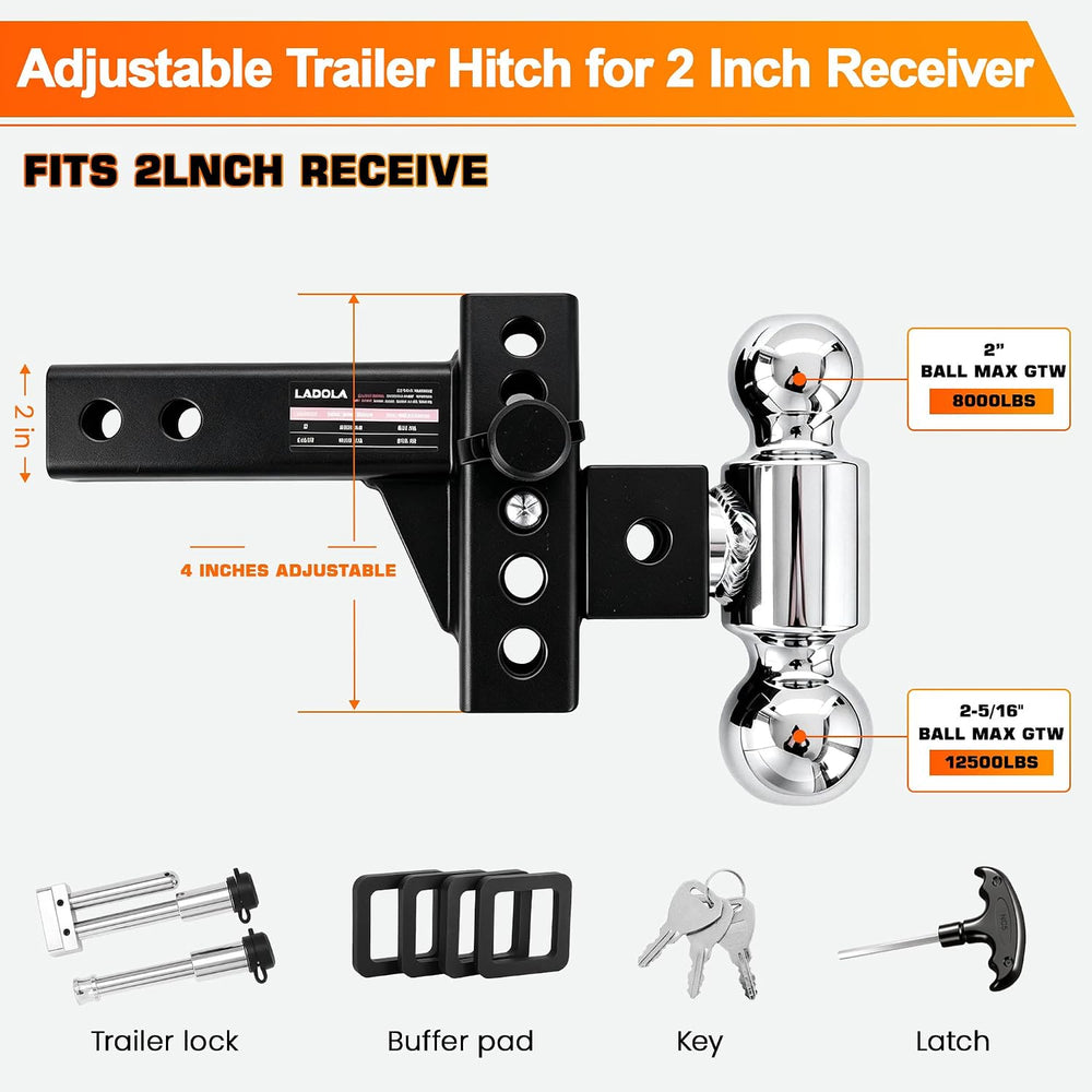 Adjustable Trailer Hitch,Drop Hitch 2" Receiver - 4" Drop/Rise