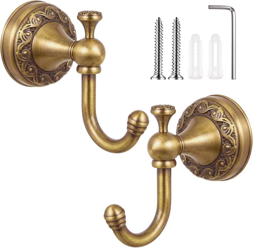 Yaocom 2 Pack Antique Towel Hooks Wall Mounted, Brass, Single