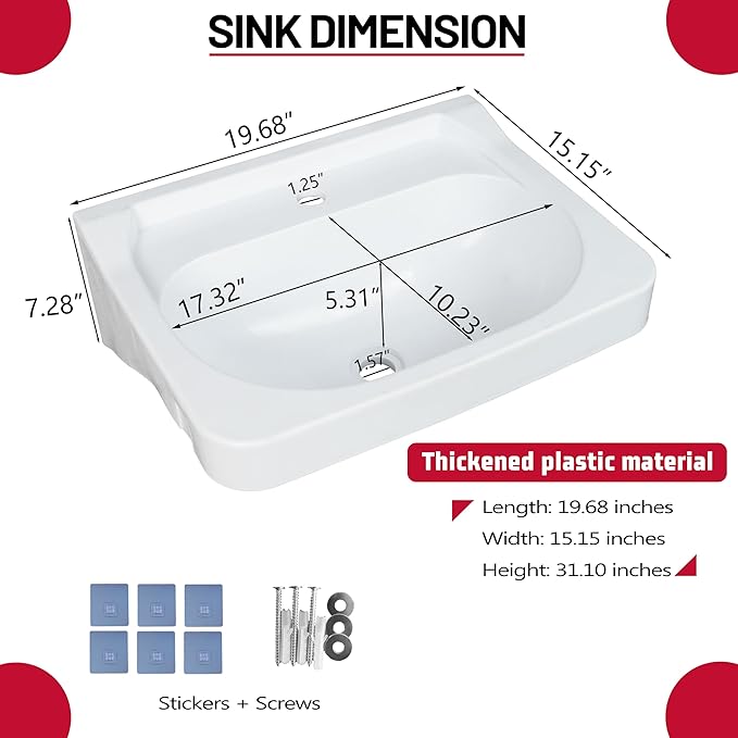 Wall Mount Bathroom Sink 19.7*15.3 No-Drill Installation Self-Adhesive Wash