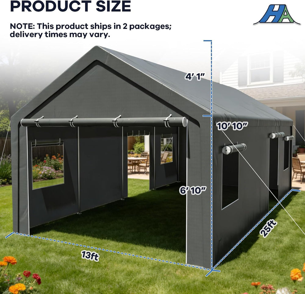 13x25 Heavy Duty Carport, Extra Length, Grey