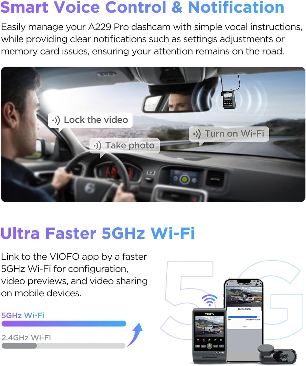 VIOFO A229 Pro 4K HDR Dash Cam Front and Rear, Dual STARVIS 2 Sensors