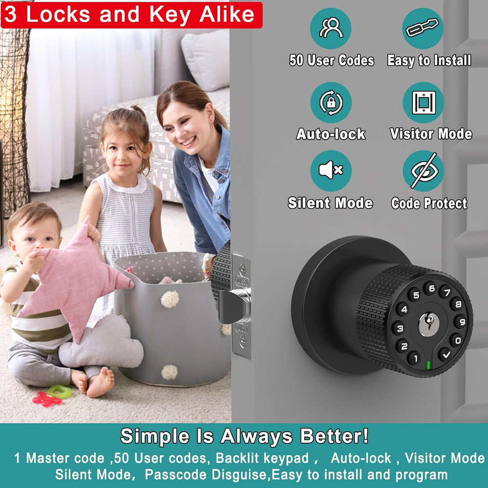 BOTHSTAR 3 Pack Black Key Alike Keyless Electronic Door Knobs with Backlit Ke...