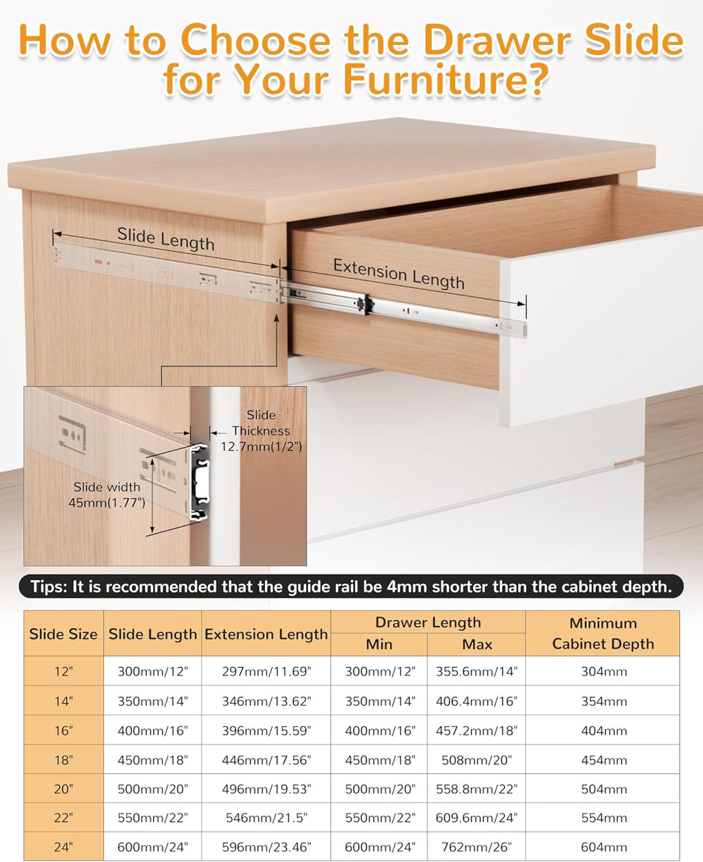 Chibery 24" Side Mount Soft Close Drawer Slides, Full Extension, 10 Pairs