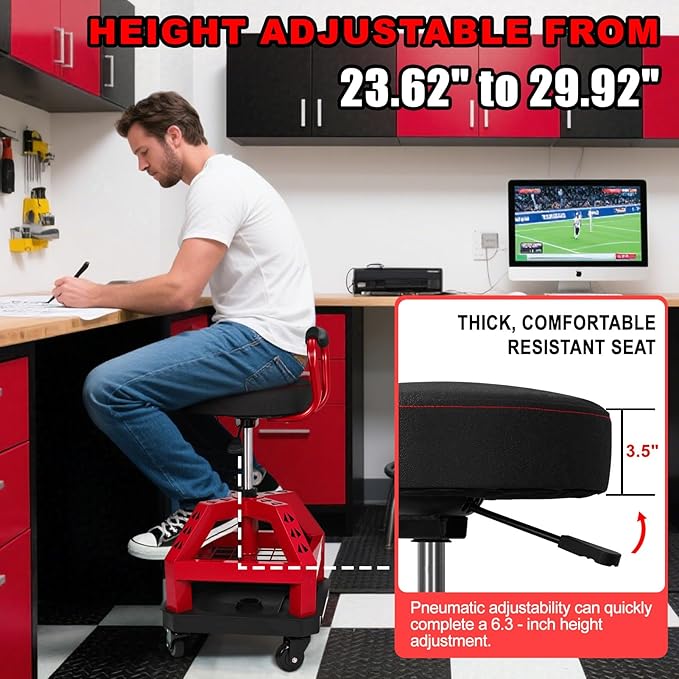 Rolling Shop Stool with Wheels, Heavy Duty Garage Work Mechanic Stool with