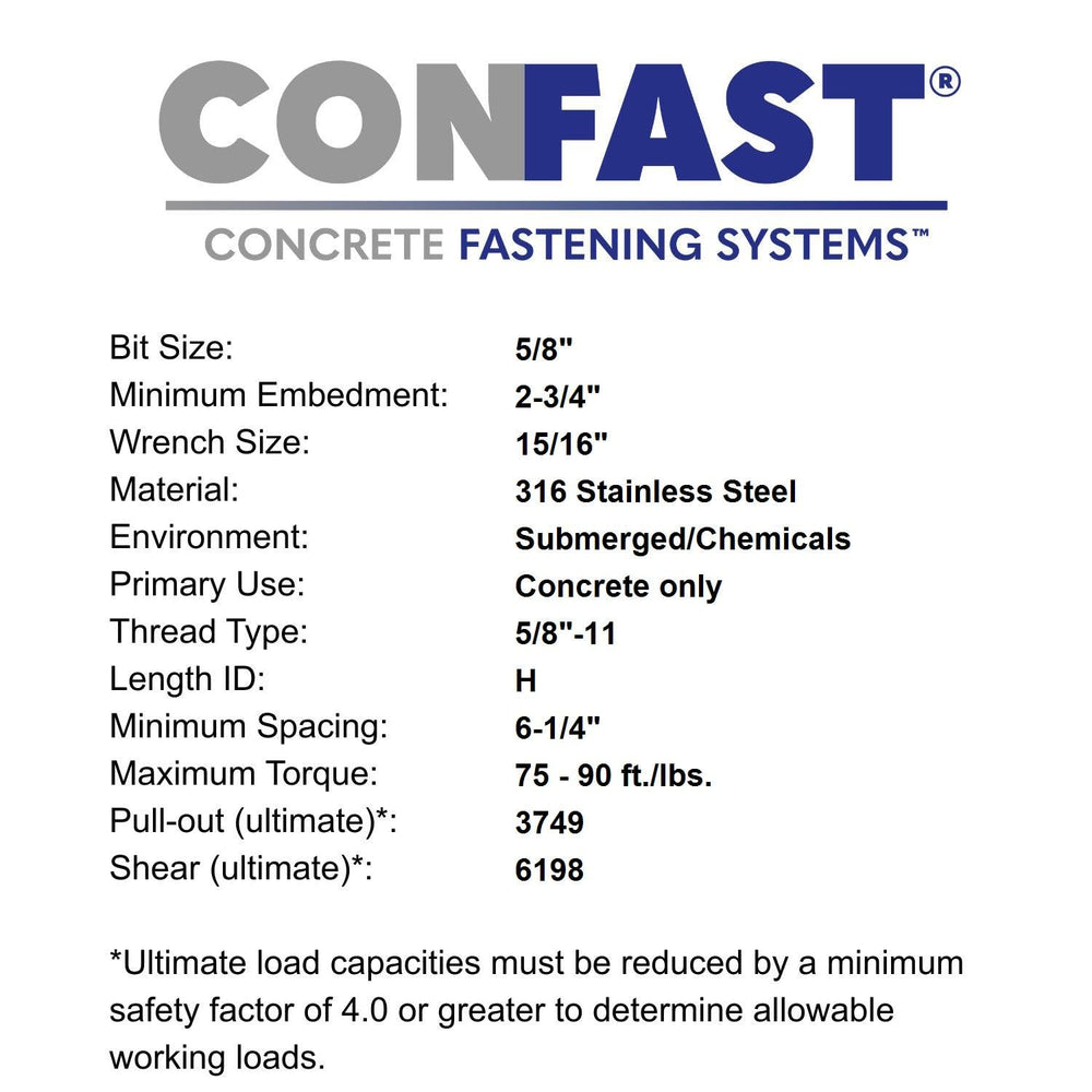 CONFAST 5/8" x 5" 316 Stainless Steel Wedge Anchor (20 per Box)