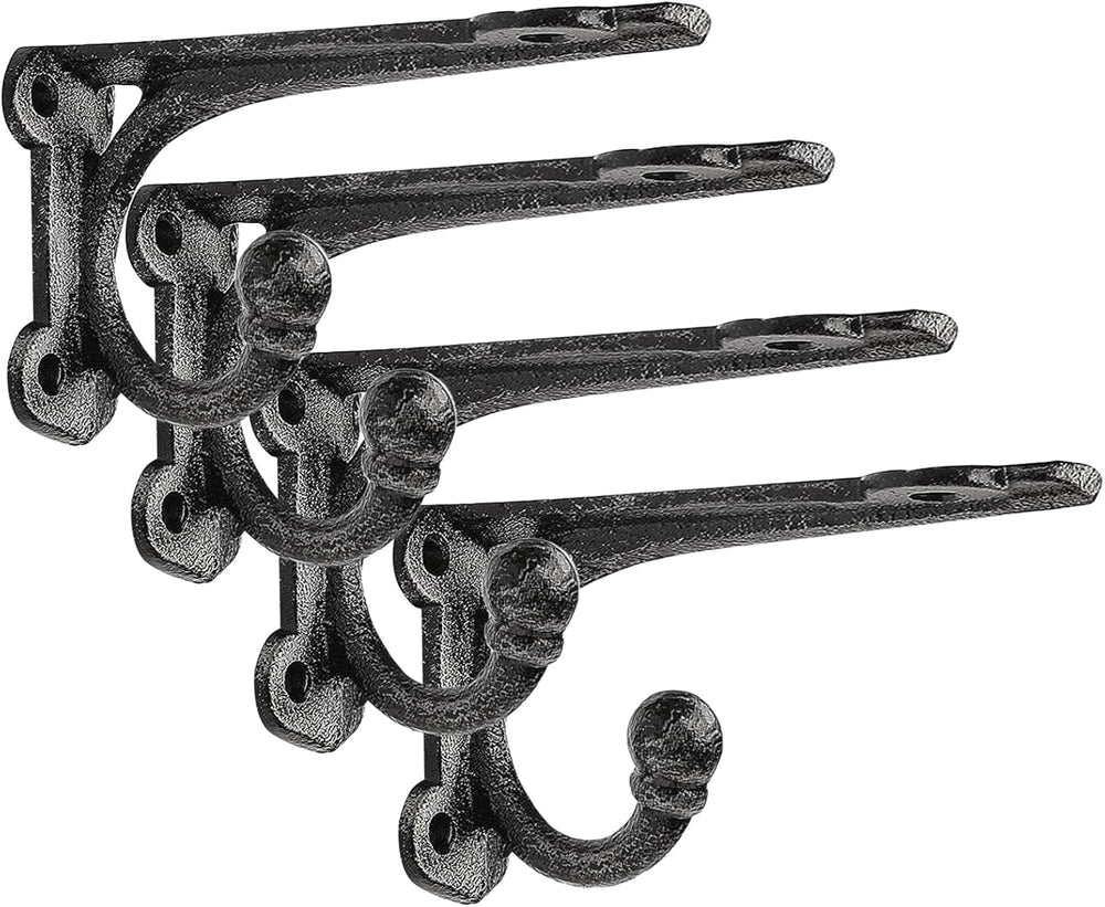 Cast Iron Shelf Brackets 4 Inch, 4 Pack Black Rustic Shelf Brackets with Hook...