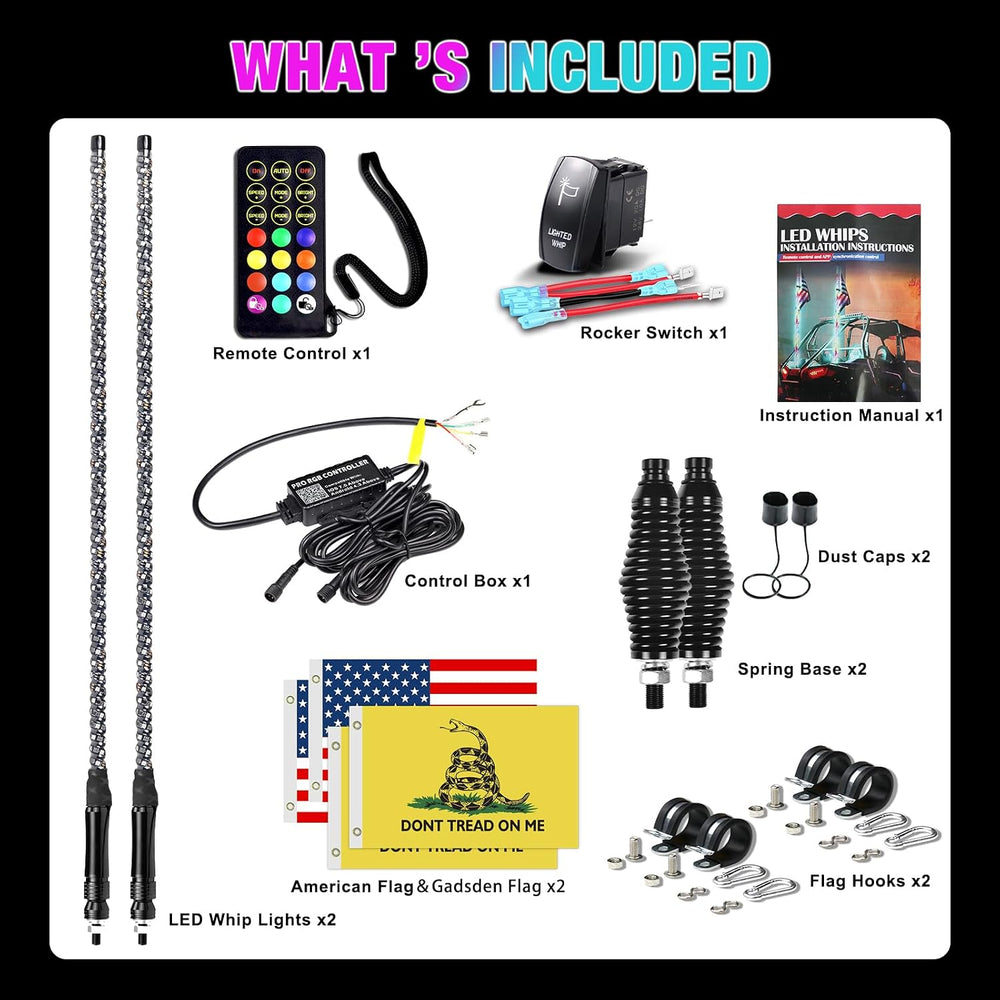 2PCS 3FT LED Whip Lights for UTV/ATV, APP & Remote Control, Chasing Color...