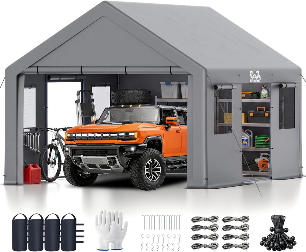 13x20ft Heavy Duty Carport with Removable Side Walls and Doors, Gray