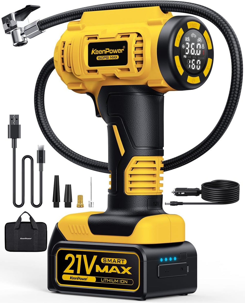 Cordless Tire Inflator Portable Air Compressor, 160PSI Car Tire Air Pump, 21V...