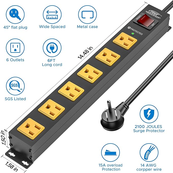 CRST 2Pack 6 Outlet Surge Protector Power Strip 2100J