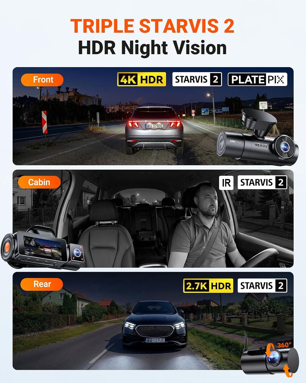 Vantrue N4 Pro S 4K 3 Channel Dash Cam, Triple STARVIS 2 HDR Car Camera