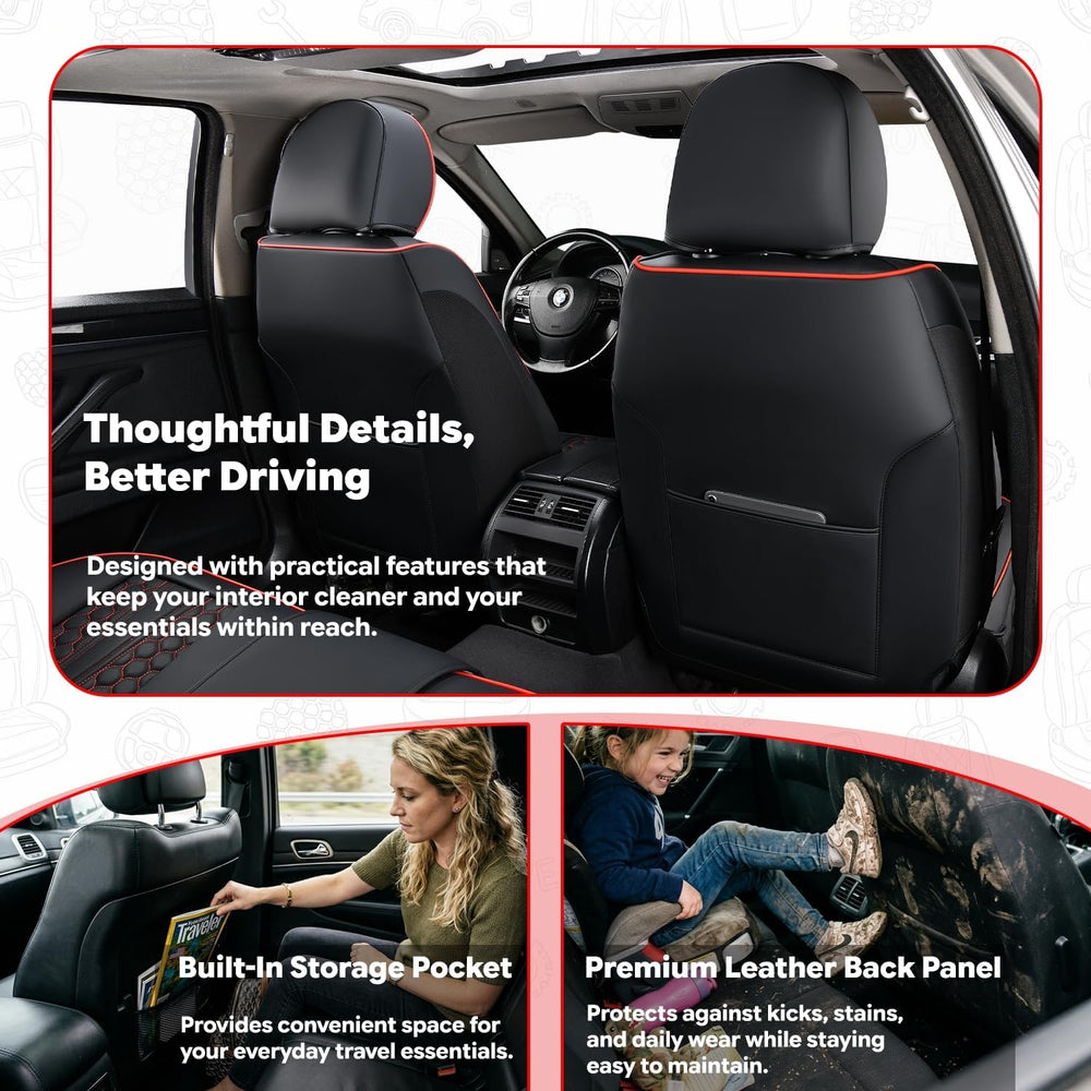 Black and Red Leather Car Seat Cover Set, with Lumbar Support