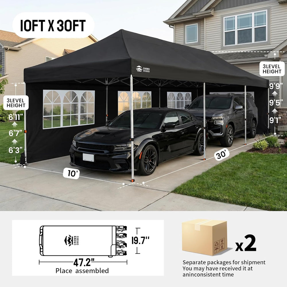 CROWN SHADES 10X30 Pop Up Canopy Tent with Sidewalls, Instant Setup, Black