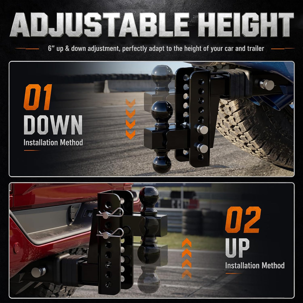 Adjustable Trailer Hitch, Fit 2 in Receiver, 6 Inch Drop/Rise