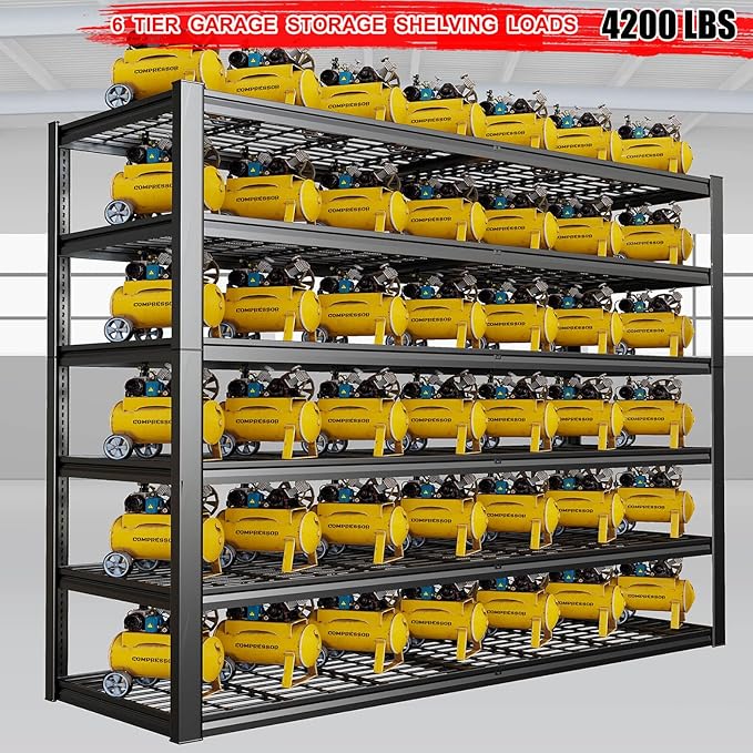 65" W Garage Shelving Heavy Duty, 6 Tier Garage Shelves, Adjustable Stor...