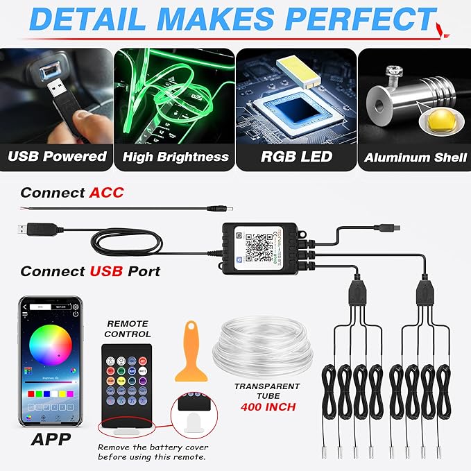 MICTUNING Car LED Interior Strip Light, 8 in 1 RGB Multicolor